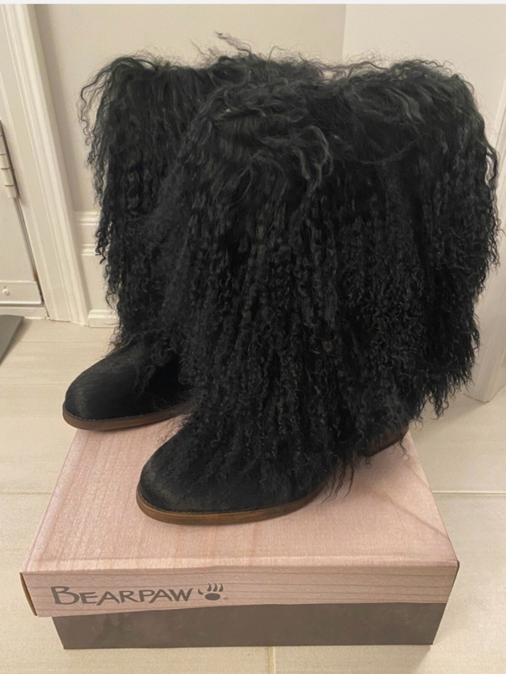 BearPaw Black Curly Shearling Tall Mules